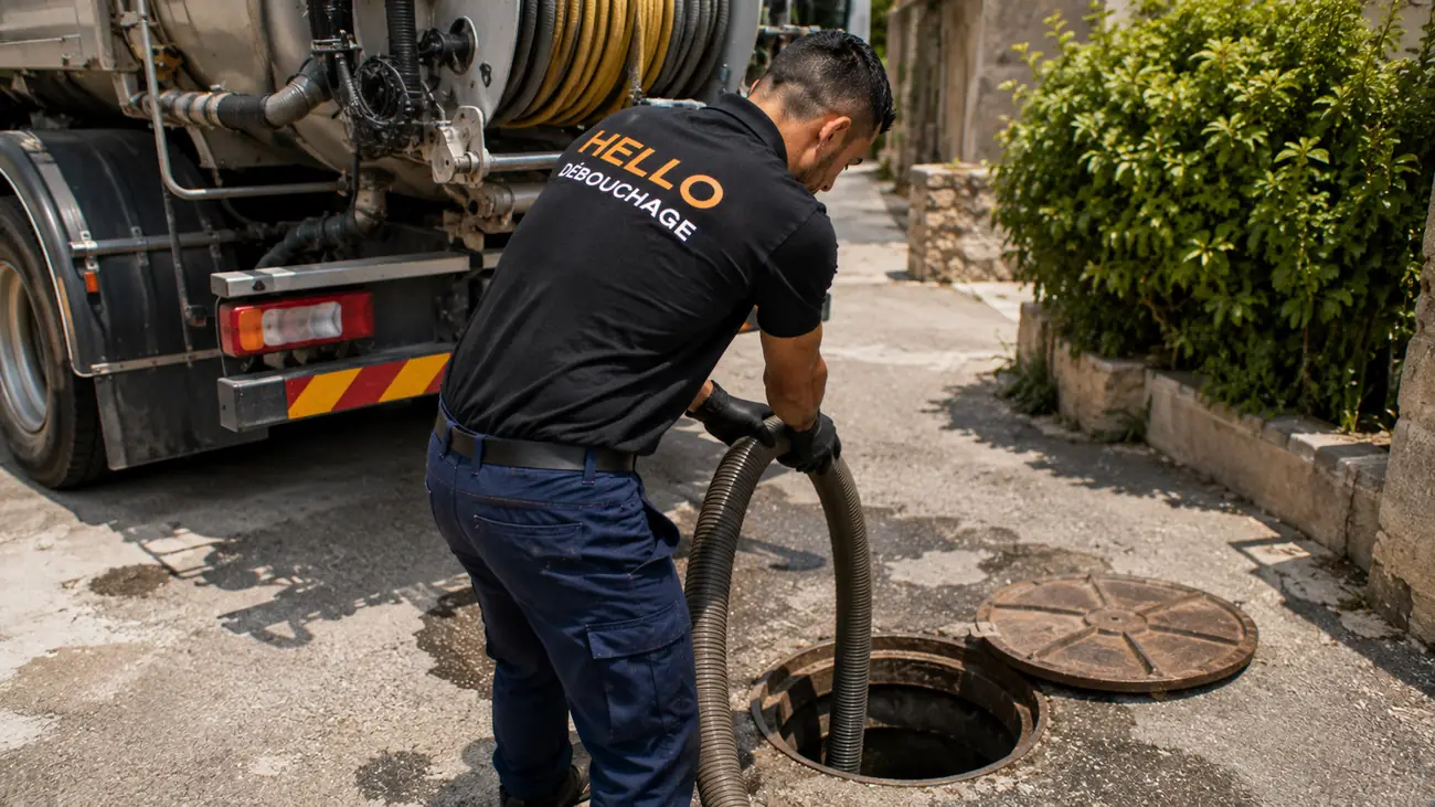 Technicien Hello Débouchage aspirant un regard d'assainissement avec le camion hydrocureur dans une rue de Marseille
