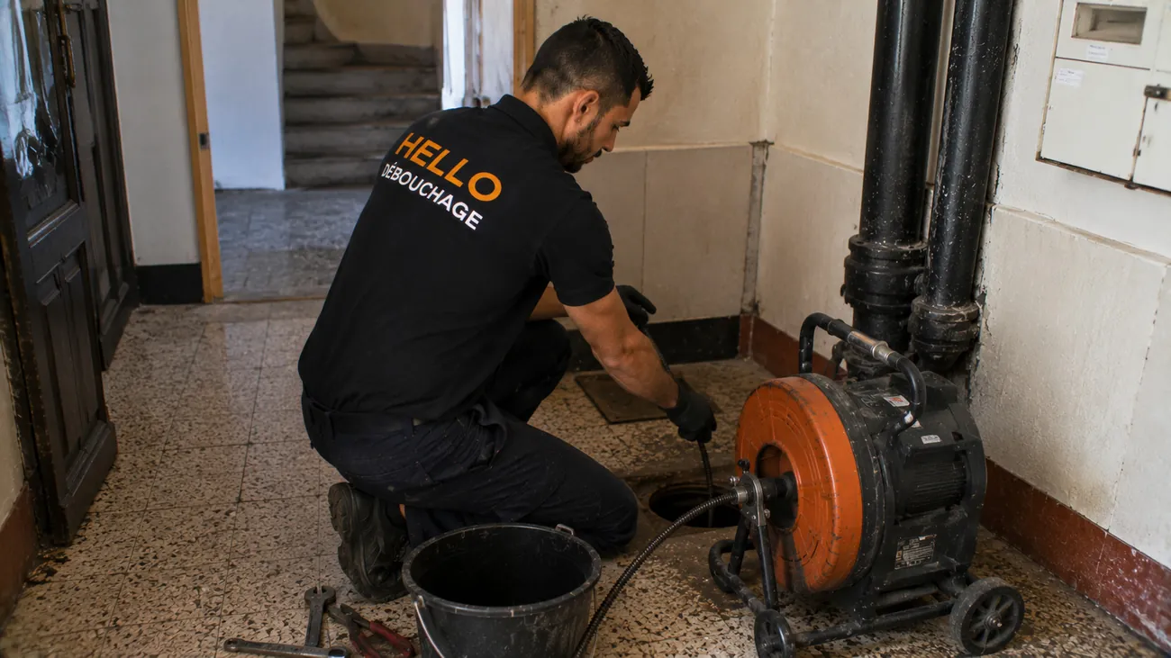 Technicien Hello Débouchage curant une colonne d'évacuation au furet électrique dans un immeuble de Marseille