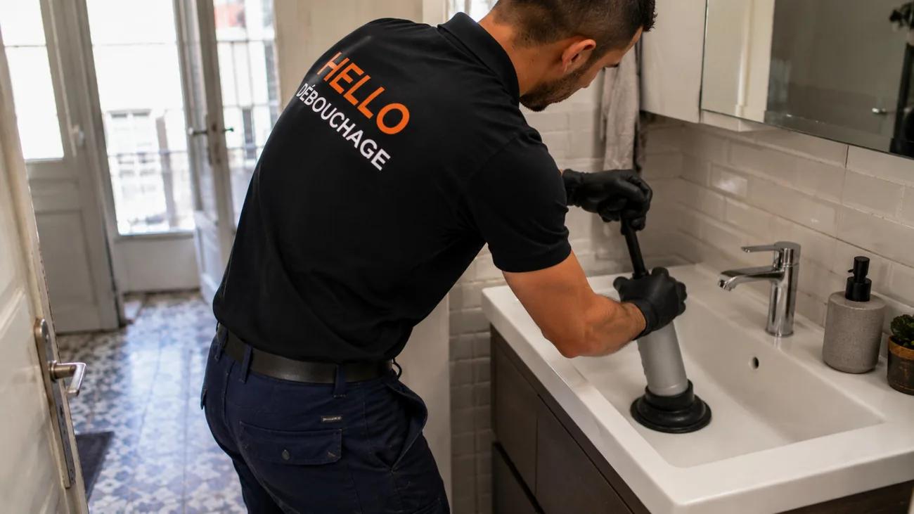 Technicien Hello Débouchage débouchant un évier à la pompe manuelle dans un appartement à Marseille