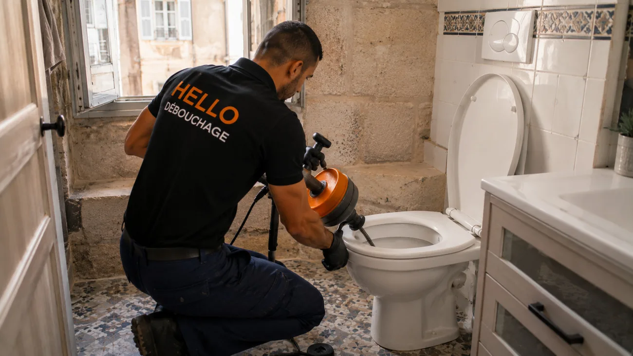 Technicien Hello Débouchage passant un furet électrique dans un WC bouché d'un appartement du Panier à Marseille 13002