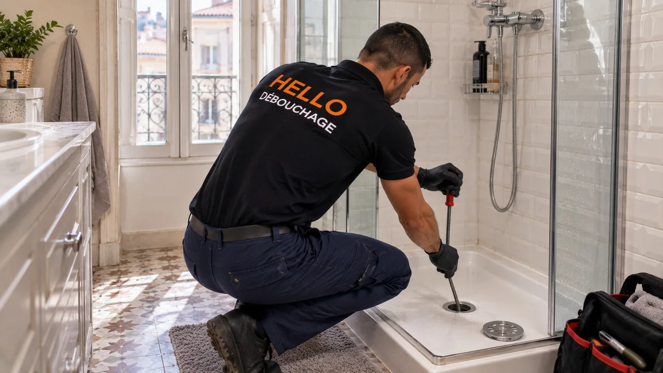 Technicien Hello Débouchage débouchant une bonde de douche au furet manuel dans une salle de bains à Marseille 13004 (Les Cinq-Avenues)
