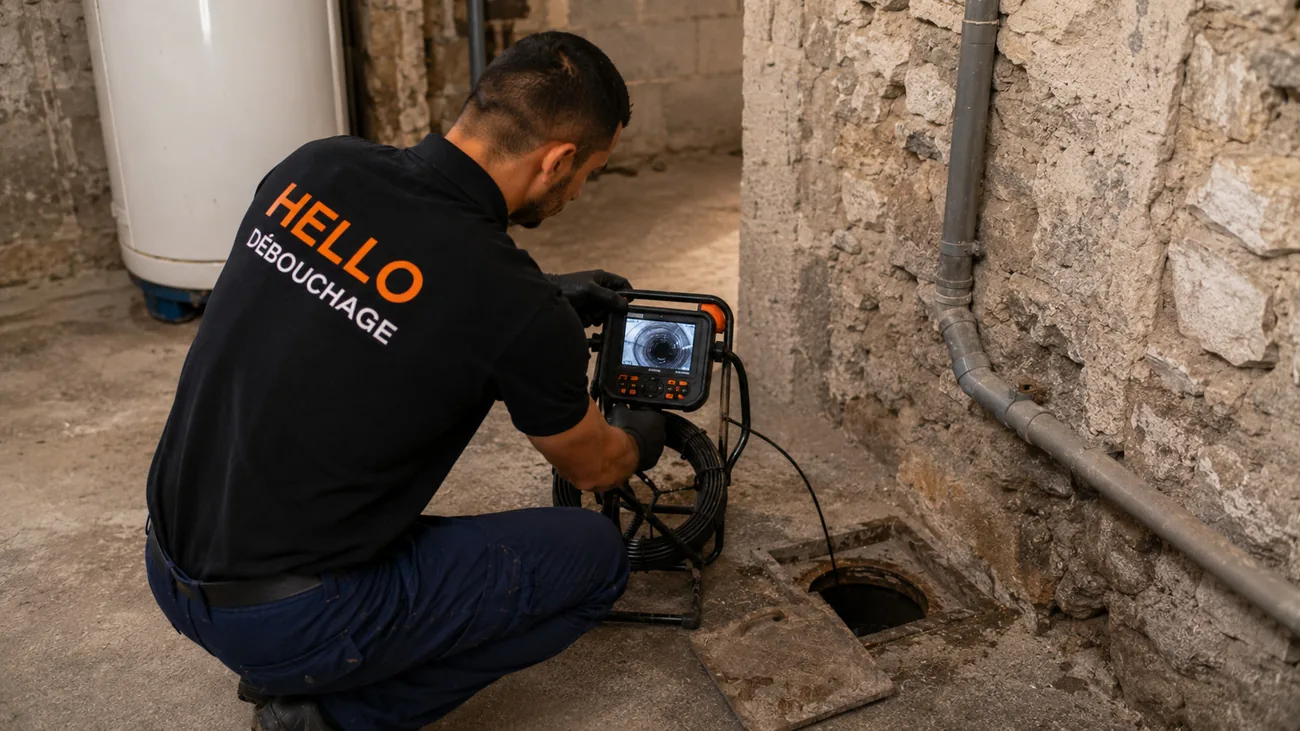 Technicien Hello Débouchage réalisant une inspection caméra d'une canalisation dans une cave d'immeuble à Marseille 13005