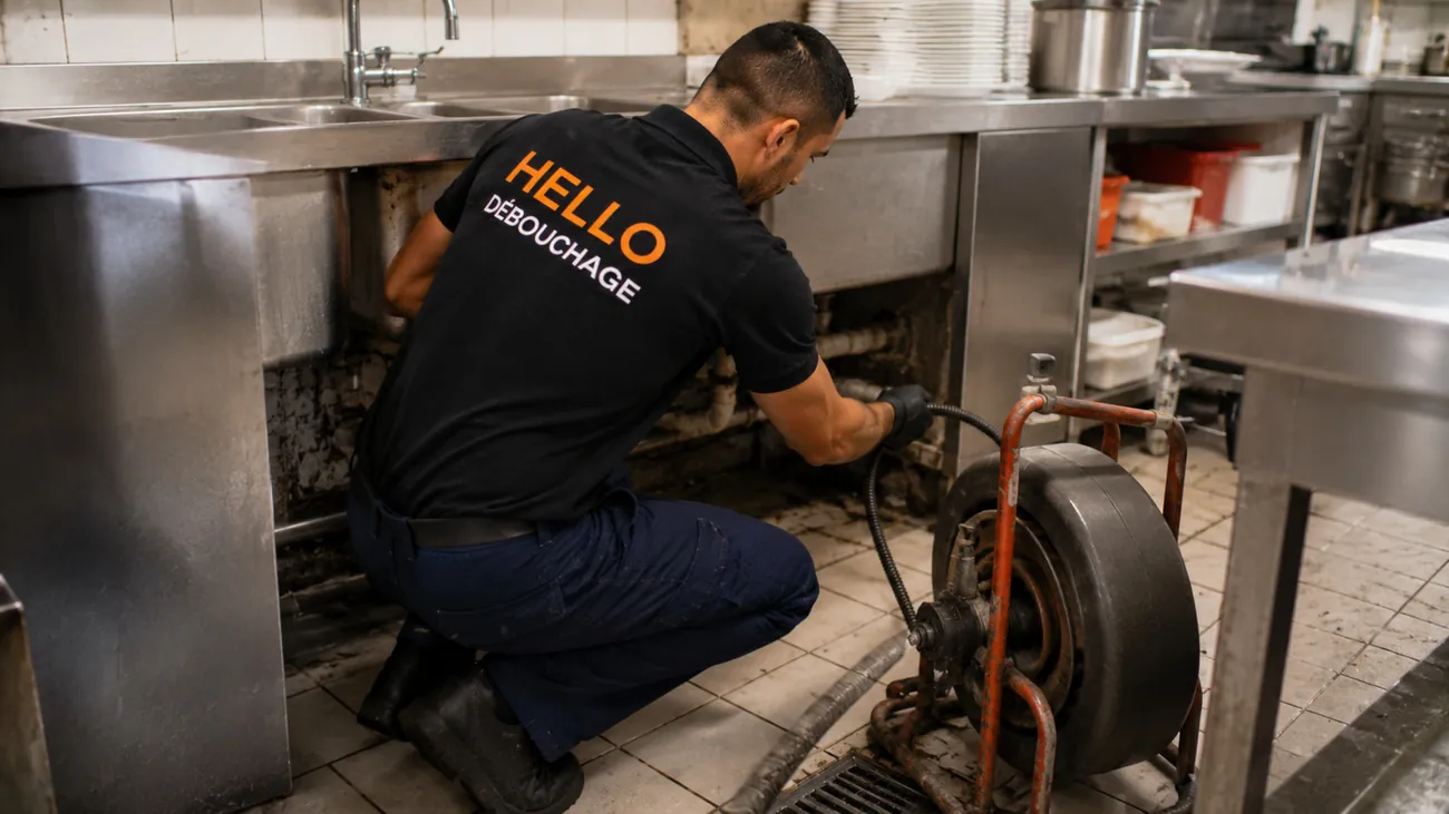 Technicien Hello Débouchage débouchant l'évier d'une cuisine de restaurant au furet électrique à Marseille 13006 (Castellane)