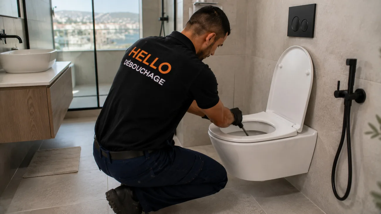 Technicien Hello Débouchage débouchant un WC suspendu au furet dans une salle de bains moderne à Marseille 13008 (Le Prado)