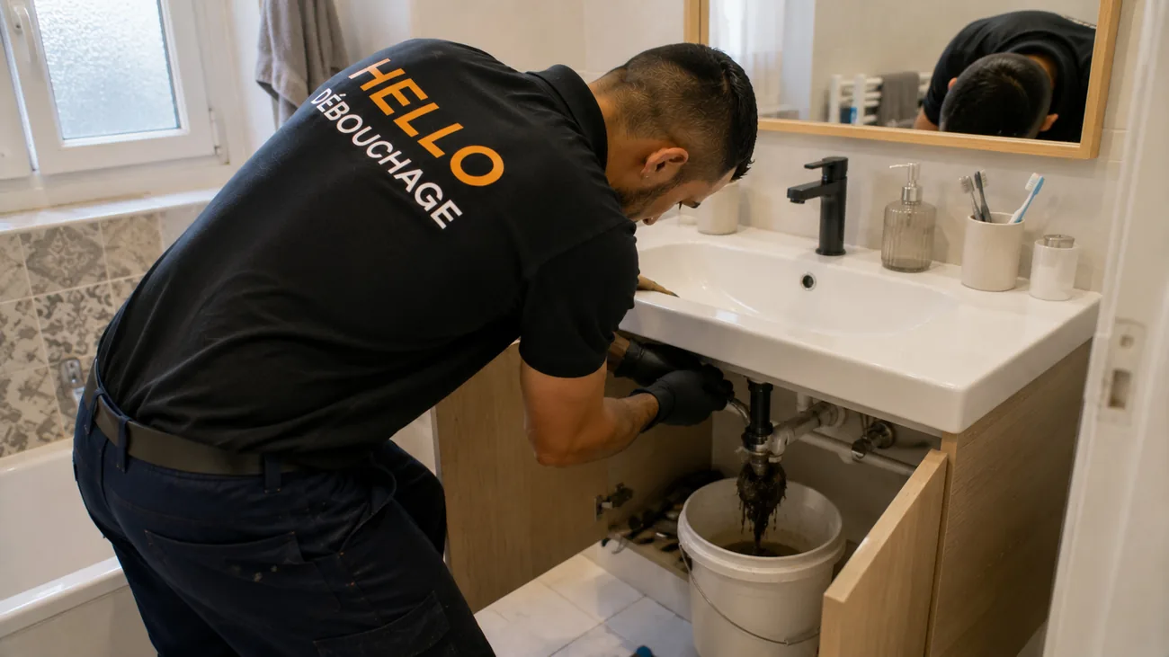 Technicien Hello Débouchage démontant le siphon d'un lavabo pour le déboucher chez un particulier à Marseille 13011 (La Valentine)