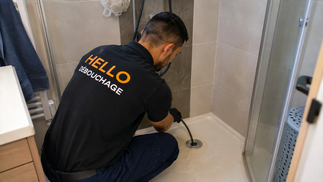 Technicien Hello Débouchage débouchant la bonde d'un receveur de douche au furet dans un appartement à Marseille 13014 (Le Merlan)