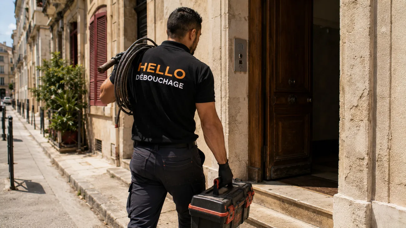 Technicien Hello Débouchage arrivant en intervention devant un immeuble de Marseille, caisse à outils et furet à la main