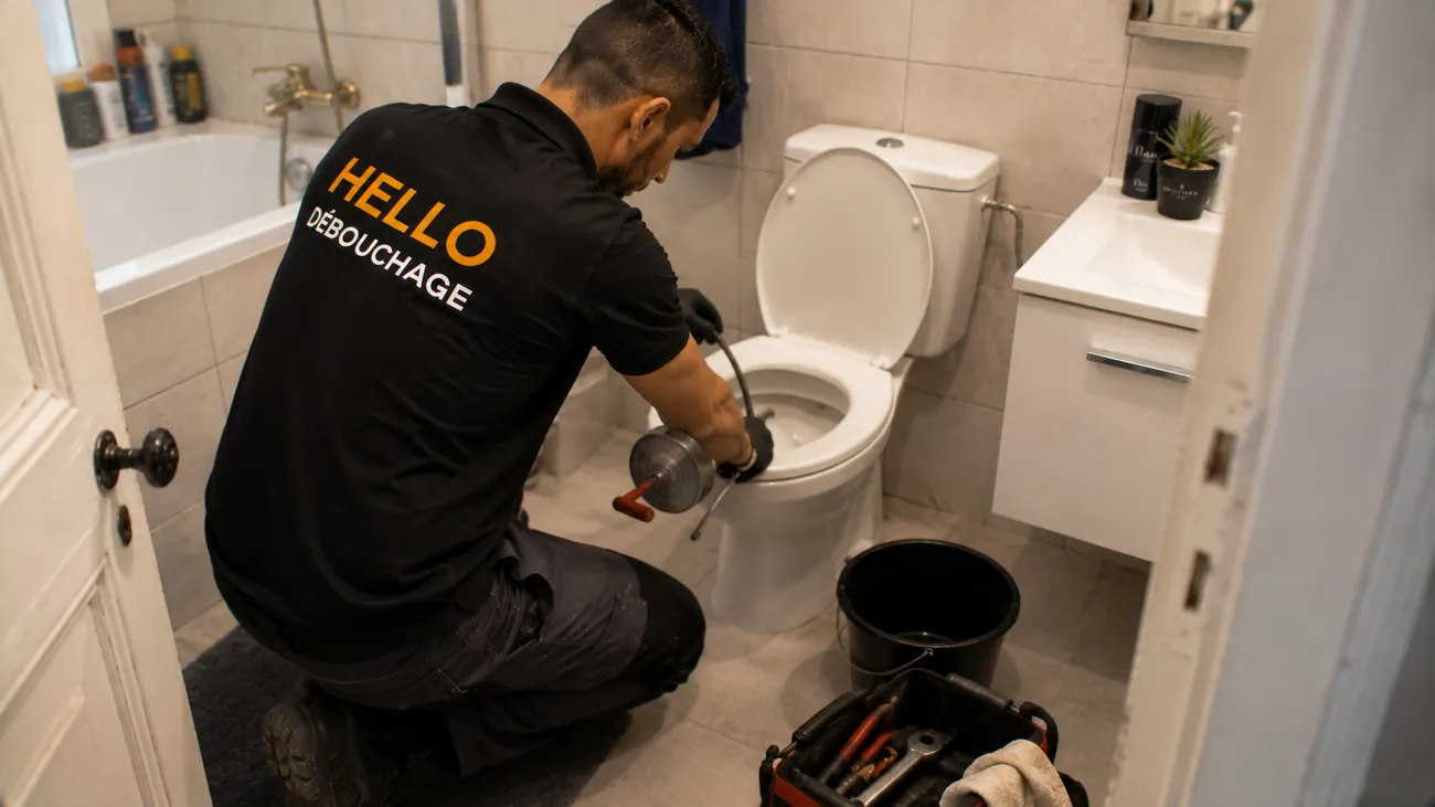 Technicien Hello Débouchage débouchant un WC au furet manuel dans une salle de bain à Marseille