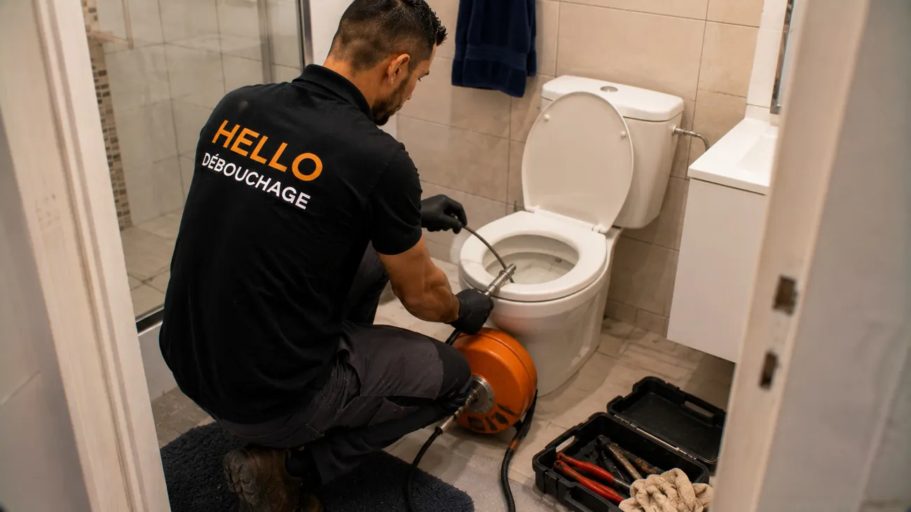 Technicien Hello Débouchage passant un furet électrique dans un WC bouché d'un appartement ancien à Marseille