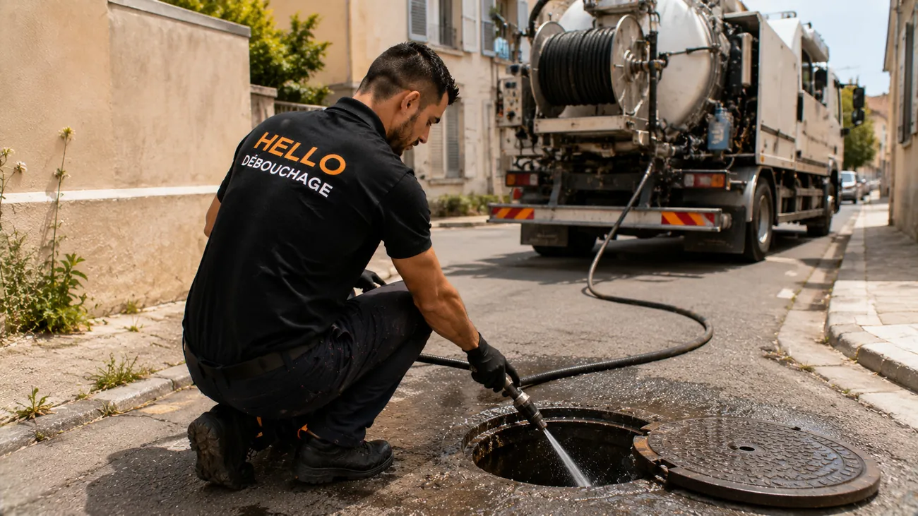 Technicien Hello Débouchage réalisant un hydrocurage haute pression dans un regard avec le camion hydrocureur à Marseille