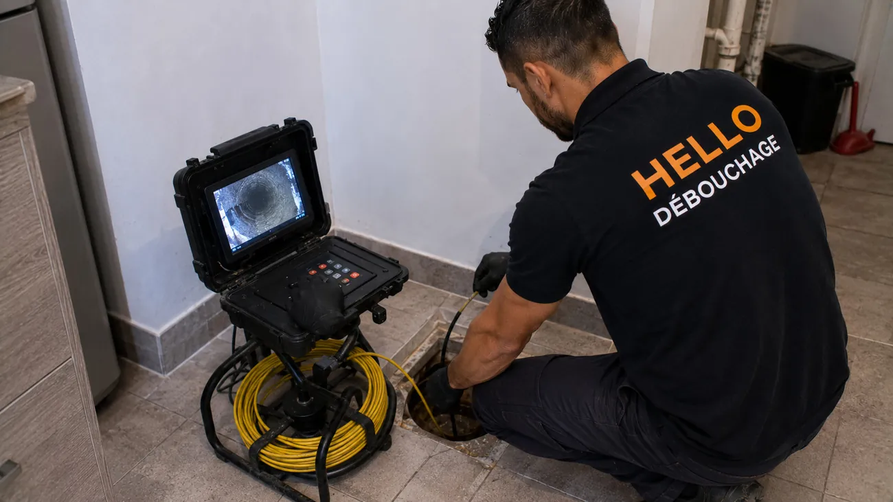Technicien Hello Débouchage réalisant une inspection par caméra endoscopique d'une canalisation à Marseille, écran de contrôle et touret de câble